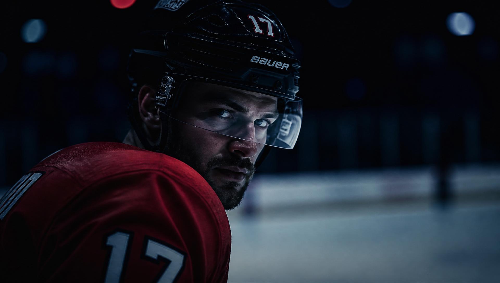 Hockey player on the ice in dim arena lighting